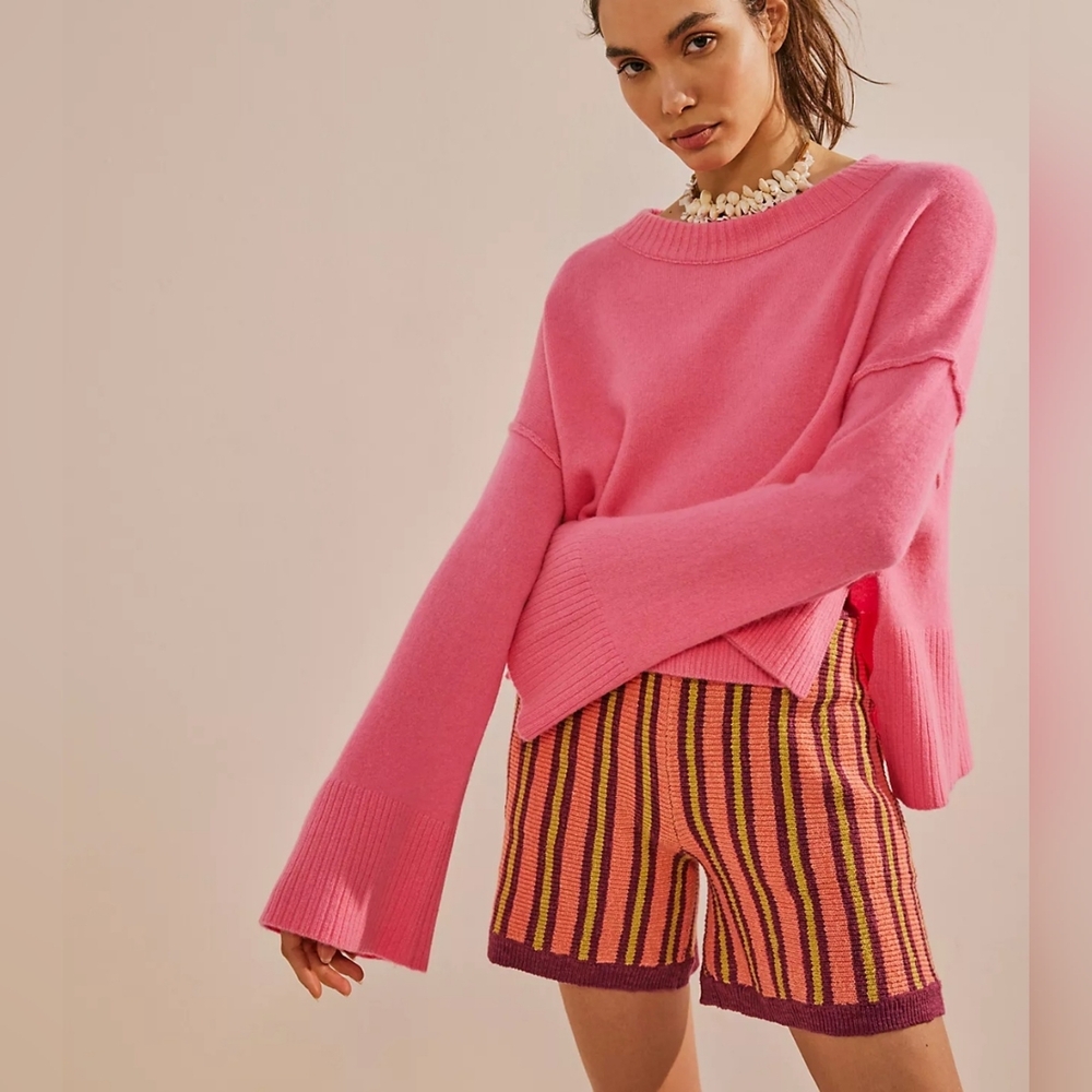 💡Free People Ry 100% Cashmere Pink Oversized Bell Sleeve Sweater OB1749981